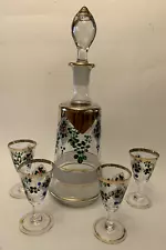 Vintage Barware Decanter With Stopper And Four Liquore Glasses/Hand Painted.