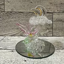 Blown Glass Hummingbird & Flower Figurine On Mirror Base 2.5”