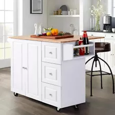 Kitchen Island Cart Trolley Drop-Leaf Storage Cabinet with Spice Rack on Wheels