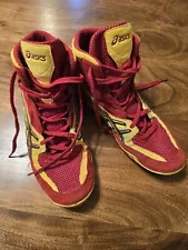 Used 2007 Asics Cael Sanderson V3.0 Wrestling Shoes Gold/Red JY700 Size 10.5