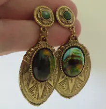 Vtg 1928 Jewelry Co Art Deco Egyptian Revival Goldtone Cabochon Pierced Earrings