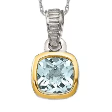 925 Sterling Silver Cushion-cut Blue Aquamarine Necklace Gemstone Pendant Cha...