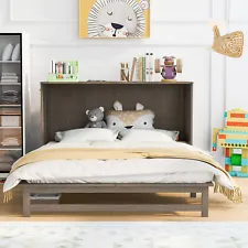 Queen Size Bed Frame Wood Murphy Bed with Built-In Charging Station for Bedroom