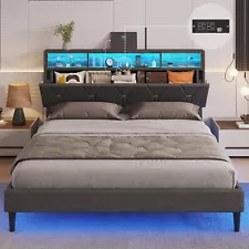 Queen Size LED Bed Frame w/Storage Headboard Upholstered Platform Bed Dark Gray