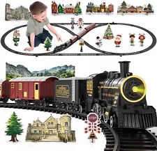 Electric Train Set with Steam Engine Locomotive, Carriages, Cars and Tracks, ...