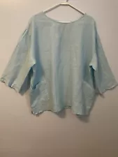 Pure Jill Women's 100% Linen Blue 3/4 Sleeve Boxy Blouse Pocket Size XL