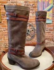 Frye Fatigue Gray Green Suede Jane Strappy Tall Cowgirl Riding Boots 8 Sale $398