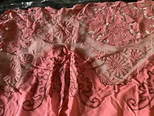 Vintage Textiles 1920s deep pink silk Embroidered lace Fabric, Apron? Beautiful