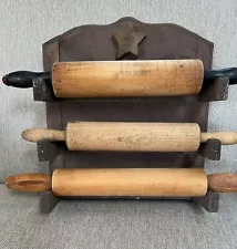 Lot of 3 Vintage Wooden Rolling Pins With Farmhouse Primitive Kitchen Wall Rack