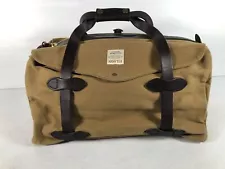 Filson Beige Dark Brown Leather Rugged Twill Double Handles Overnight Duffel Bag