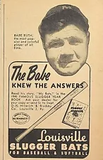 Louisville Slugger Babe Ruth Knew The Answers Baseball Bat Vintage Print Ad 1945