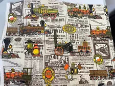 46" x 44" Trains House n' Home Fabric Swatch Craft Railroad Lanterns Newsprint