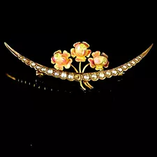 Art Nouveau Enamel Roses Crescent Seed Pearls 10k Yellow Gold Brooch Pin Flowers