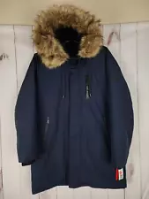 Sean John Men's Faux Fur Trimmed Three-Quarter Snorkel Parka Navy Medium NWT