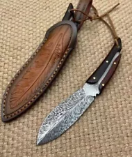 Custom Made Forged Feather Damascus Full Tang Hunting Knife With Wood Handle..