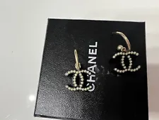 Chanel Black Pearl Hanging Cc Logo Small Hoop Earrings