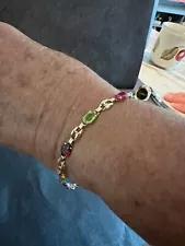 Ladys Bracelet14K Gold+9Semi-Precious Stones,71/2"Long,5mm Wide