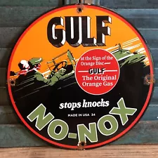 VINTAGE 1934 DATED GULF NO-NOX GASOLINE PORCELAIN SIGN GAS STATION MOTOR OIL