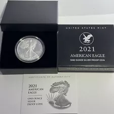 2021 S $1 TYPE 2 PROOF 1OZ SILVER AMERICAN EAGLE IN BOX WITH COA T-2 .999 FINE