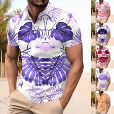 Mens Hawaiian Print Golf Shirt Casual Button Down Collar Short Sleeve Polo Shirt