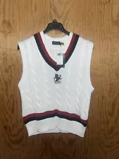 NWT Polo Ralph Lauren Men's White Cable Knit V-Neck Cricket Sweater Vest Large