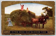 Farm~The Good Old Summer Time~Hay Wagon Drawn By Donkeys Scene~Vintage Postcard