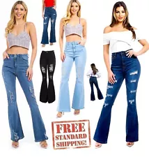 Sweet Look Womens Juniors 70s Trendy Flared Distressed Bell Bottom Denim JEANS