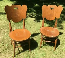 **Vintage ANTIQUE DINING CHAIRS FLAMED MAPLE SCROLL CUT ROUND SEAT PAIR SLAB