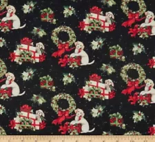 Spring Creative - Christmas Holly Gifts Quilting Fabric with Dogs ð