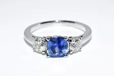 $6,000 1.96CT NATURAL CUSHION CUT CEYLON SAPPHIRE & DIAMOND PLAT. 3 STONE RING