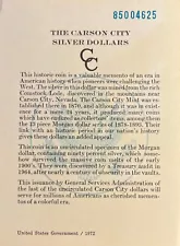 1885 Carson City Silver Dollars GSA COA Certificate