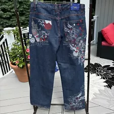 Vintage Baggy Embroidered Jeans Y2K Red Size 42x33 Skater ICON Denim Dark JNCO