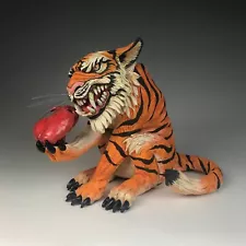 "The Gift" tiger and heart feral cat sculpture by face jug maker Jon May