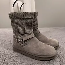 Ugg Purl Strap Boot Womens 11 Grey Suede Slouchy Knit Cuff Wool Lined Camping