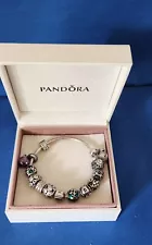 AUTHENTIC PANDORA STERLING SILVER BARREL BRACELET W/ 12 ALE CHARMS & BOX