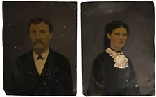 CIRCA 1870s TWO FULL-PLATE PAINTED TINTYPES HUSBAND & WIFE COLORED RARE!