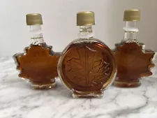 2 X Maple Leaf Shaped Syrup Bottle-Embossed-Glass opened -8 oz