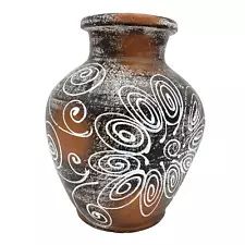 Mexican Vase Hand Painted Plaster Clay Pottery Black White Large 13in