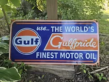 VINTAGE GULF MOTOR OIL PORCELAIN GAS STATION SIGN VERY LARGE & HEAVY 30"X 15"