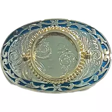 Belt Buckle for Silver Dollar or 39 MM Stone - Silver & Blue Western Theme