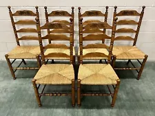 6 Vtg Hitchcock Furniture Maple Ladder Back Chairs; Harvest Stenciling - Mint