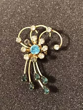 Vintage Gold Tone Curling Brooch Pin With Rhinestones And Blue Stones Costume