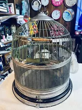 Antique Round Dome Hendryx Steel Bird Cage w 2 Glass Feeders 15” Tall Green