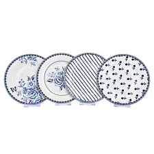 SET OF 4 Blue White Porcelain Dessert Plates Bone China Mismatched Plates 7.5"