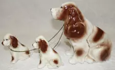 Vintage Porcelain Brittany Spaniel Mom Dog Figurine Puppies On Chain Leash