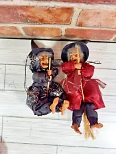 Pair of Kitchen Witches Hanging Figure w/Broom Good Luck Highly Collectable