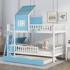 Solid Wood House Bunk Bed with Trundle and Storage Box Kids Bunk Bed with Drawer