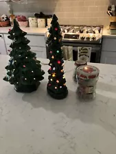 Vintage 12” Ceramic Christmas Trees with 2 Jars Of Decor Lights Included