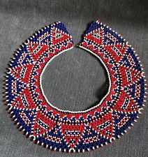 VTG Hand Beaded Native American Pow Wow 3" Wide Collar Necklace Red White & Blue