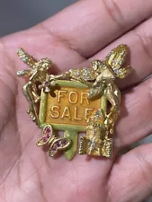 Kirk’s Folly Fairies “For Sale” Sign Gold Tone Enamel Brooch Pin RARE